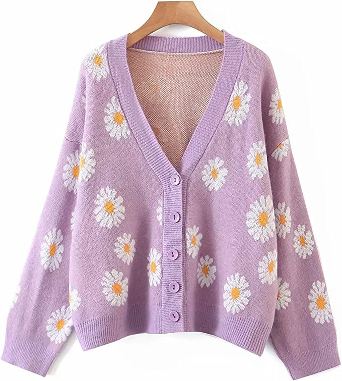 Women Y2K Floral Print Knit Cardigan Sweater Long Sleeve V Neck Button Down Sweater Vintage Aesth... | Amazon (US)