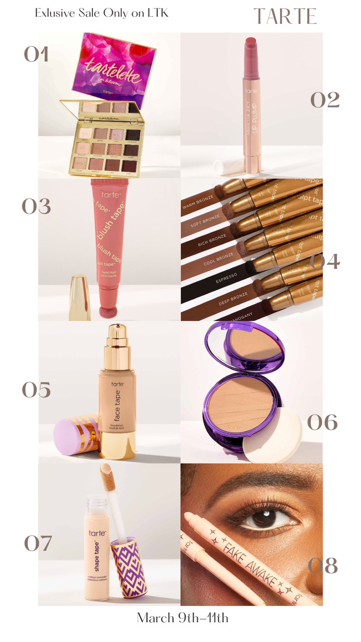 My #LTKsale favorites are now live! This is an exclusive sale for LTK followers only! Starts March 9th through the 11th. Today is the last day! 💕 #tarte #makeup #foundation #concelear #tartepallette #settingpowder #shapetape #blushtape #contour 

#LTKSale #LTKbeauty #LTKFind
