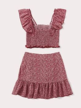Amazon.com: MakeMeChic Women's Two Piece Ruffle Trim Cami Crop Top and Wrap Skirt Set A Burgundy ... | Amazon (US)