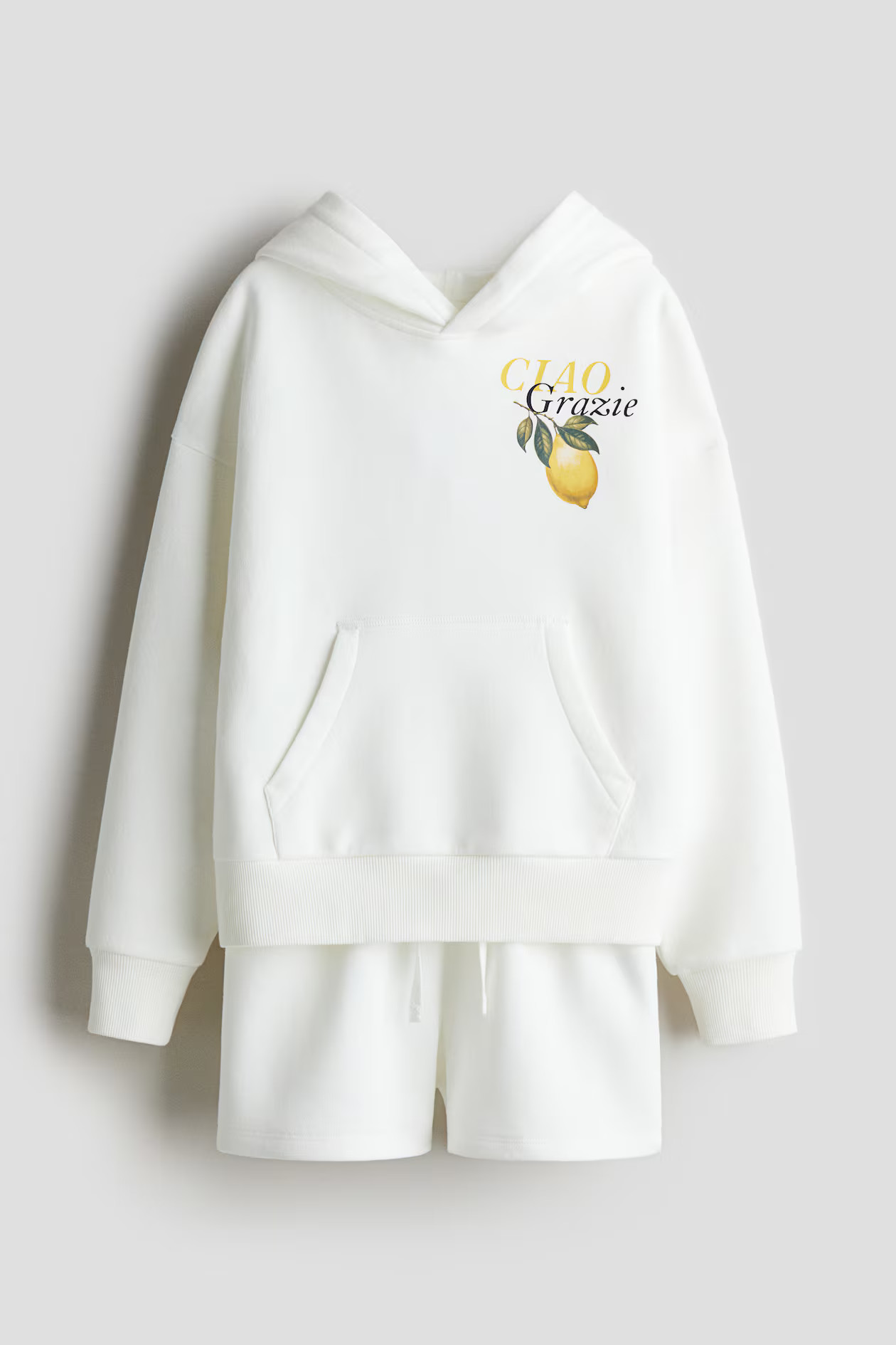 2-piece Brushed-Inside Hoodie and Shorts Set - White/lemon - Kids | H&M US | H&M (US + CA)