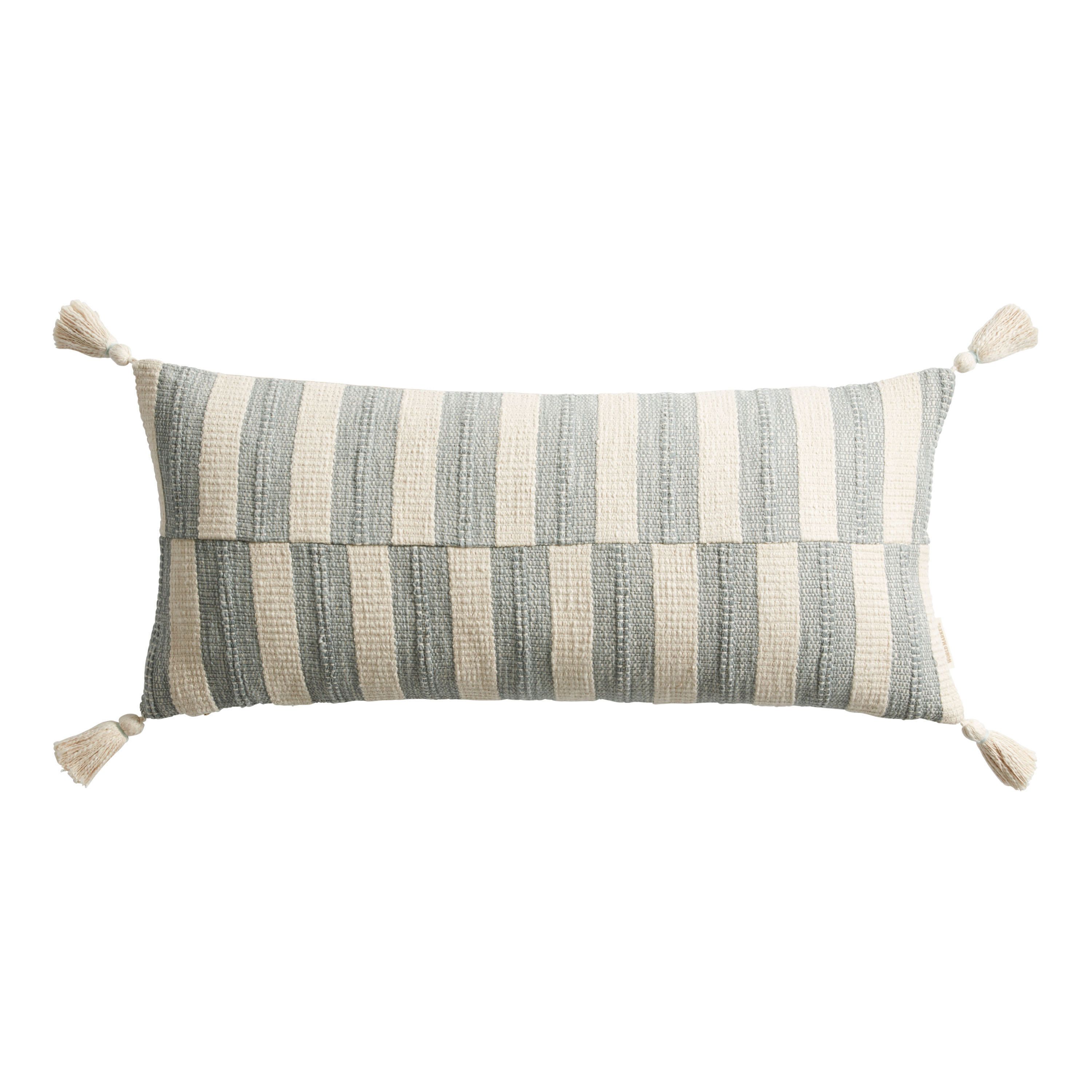 Extra Wide Aqua And Ivory Broken Stripe Lumbar Pillow | World Market