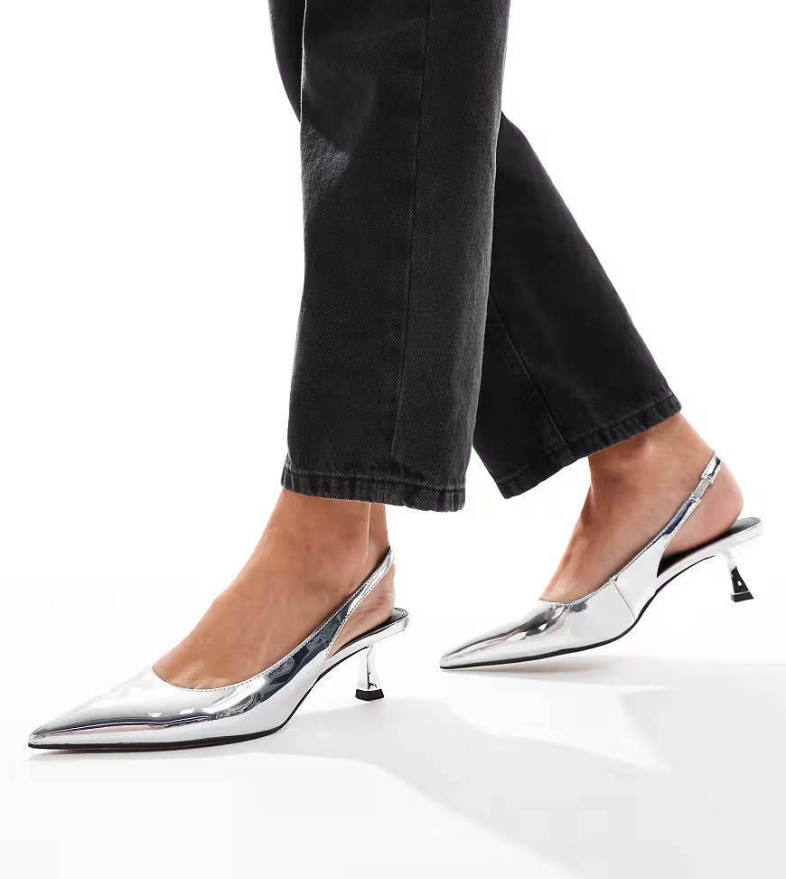 ASOS DESIGN Wide Fit Stroll slingback kitten heeled shoes in silver - SILVER | ASOS (Global)