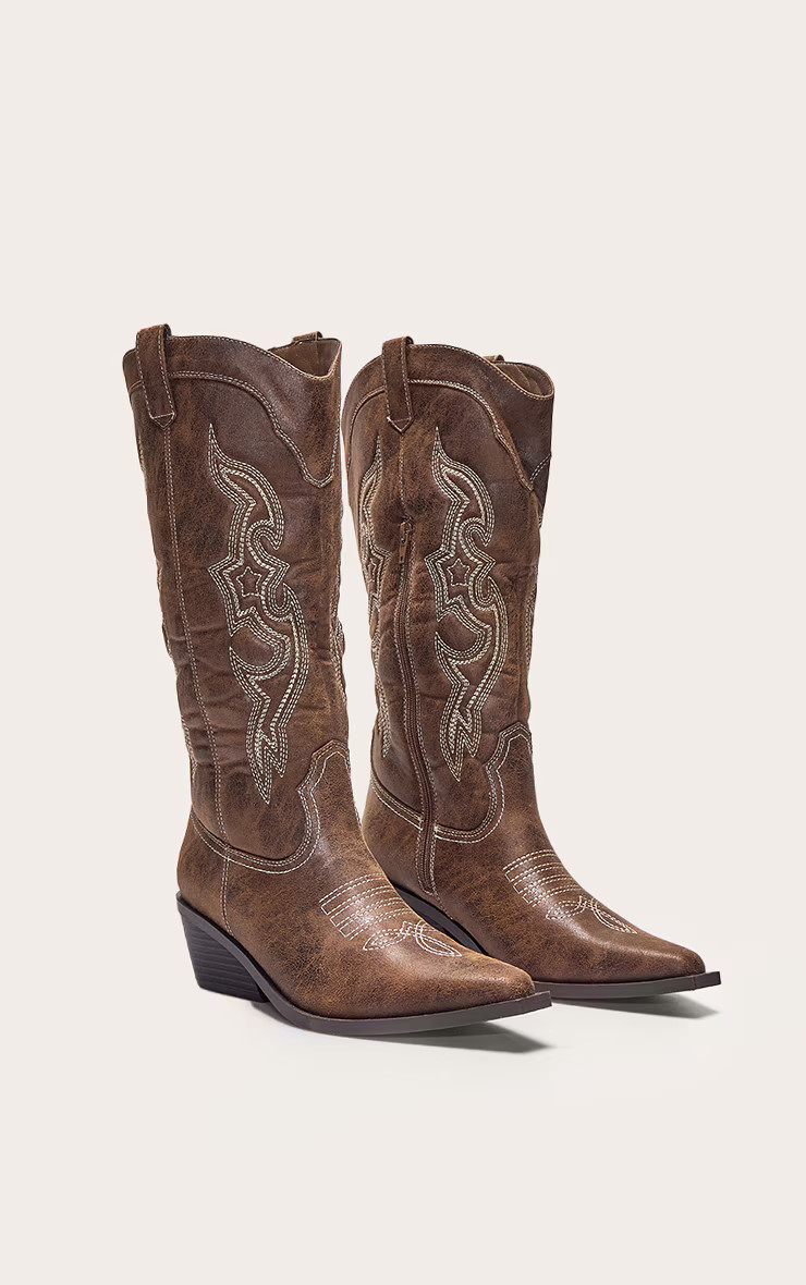 Brown Pu Point Toe Western Calf High Boots | PrettyLittleThing UK