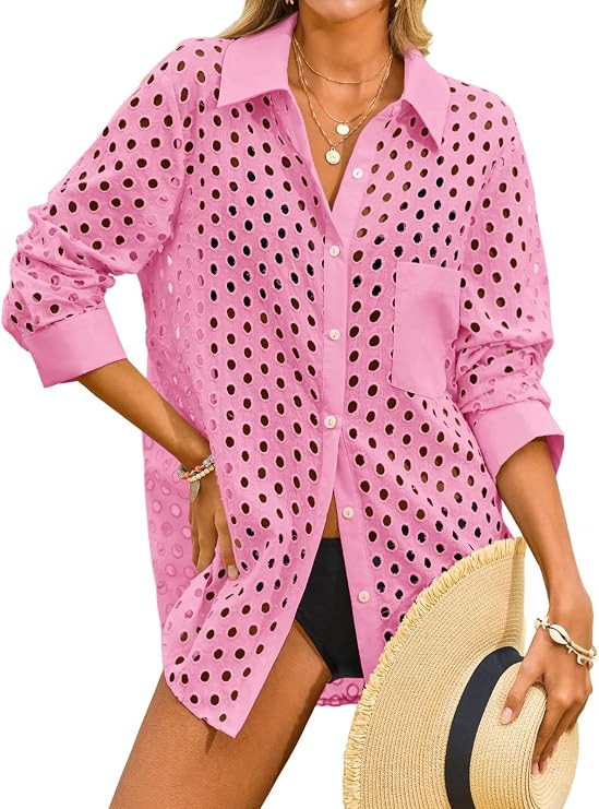 Fisoew Womens Hollow Out Swimsuit Coverup Shirt Button Down Bathing Suit Cover Ups Beachwear | Amazon (US)