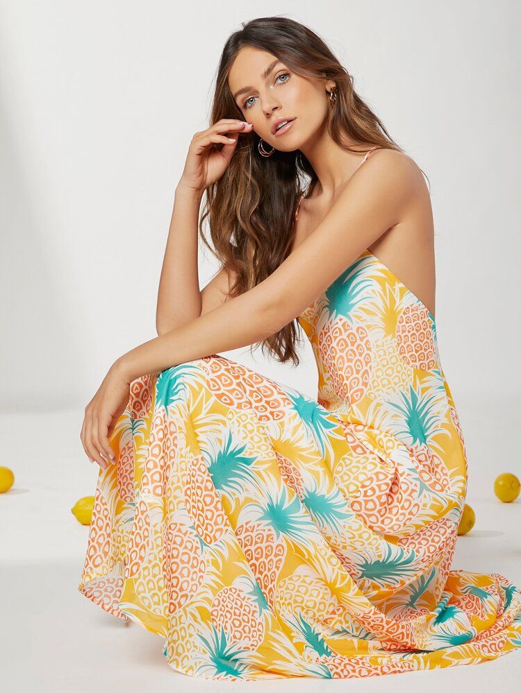 SHEIN Allover Pineapple Print Backless Cami Dress | SHEIN