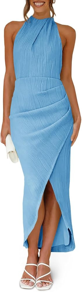 Fisoew Womens Halter Neck Party Dress Sleeveless Slit Textured Backless Slim Fitted Ruched Sexy M... | Amazon (US)