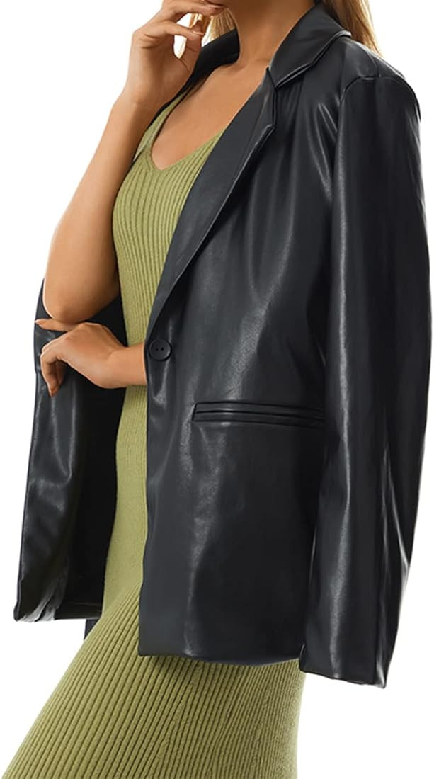 Womens Leather Blazer Coat, Long Sleeve Lapel Faux PU Leather Jacket Button Front Trench Coat | Amazon (US)