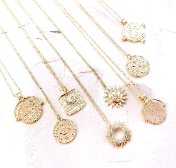 Gold Coin Necklace Celestial Opal Jewelry gift Gold Medallion Personalized Necklace Moon Sun Pers... | Etsy (US)