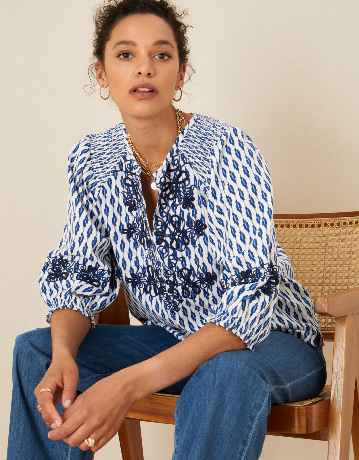 Blue and White Embroidered Ikat Top In Organic Cotton | Monsoon (UK)
