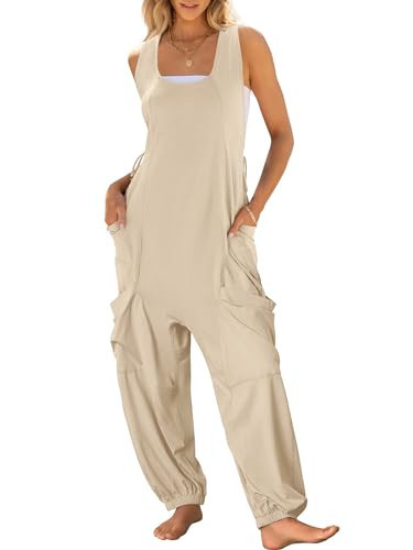 ANRABESS Women Overalls Jumpsuits Loose Casual Dressy Sleeveless Baggy Harem Pants Romper Jumpers 2025 Trendy Summer Outfits Apricot Large | Amazon (US)