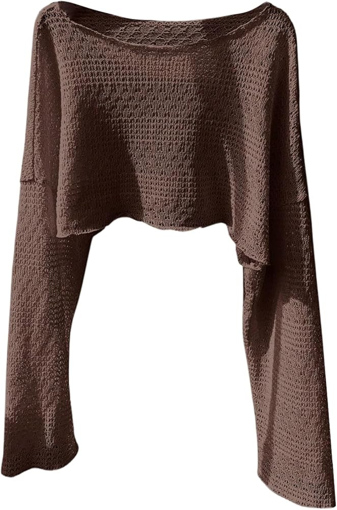 SHENHE Women's Plus Size Shrug Sweater Bell Sleeve Boat Neck Loose Knitted Crop Sweaters | Amazon (US)