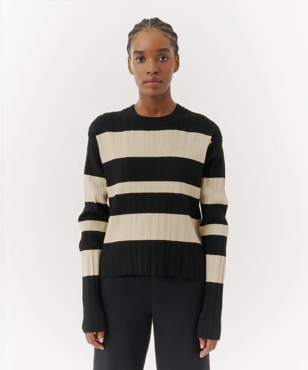 Viscose Varigated Striped Long Sleeve Sweater - Linen/ Black | ATM Collection