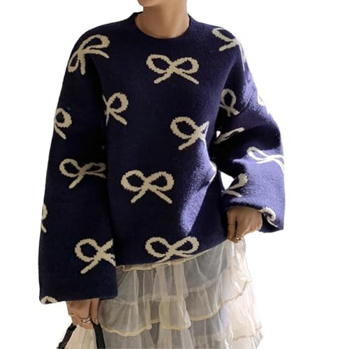 Bow Sweater for Women Spring Lightweight Cute Clean Fit Knitwear Aesthetic Oversized Y2K Trendy Sweater 2025 Blue | Amazon (US)