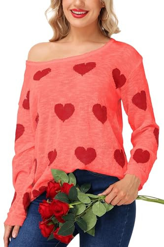Magrank Valentine Pink Sweater for Women Long Sleeve Heart Print Romantic Gifts Loose Valentine's Party Pullover Sweaters L | Amazon (US)