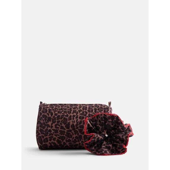 No Boundaries Quilted Pouch with Hair Scrunchie Set, 2-Piece, Women's, Leopard | Walmart (US)