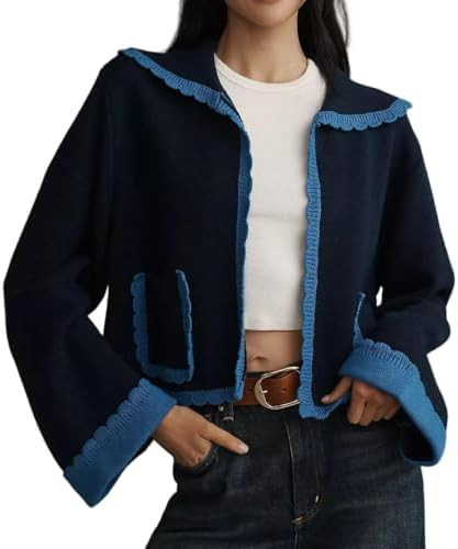 VAOYIU Contrast Trim Scalloped Knit Jacket Womens Cropped Collared Coat with Retro Charm Versatil... | Amazon (US)
