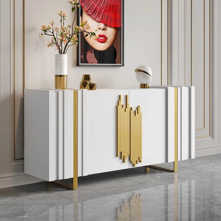 Aurea 1600mm Light Luxury Sideboard White Rectangular Buffet 2 Doors 2 Shelves in Gold｜Homary | Homary