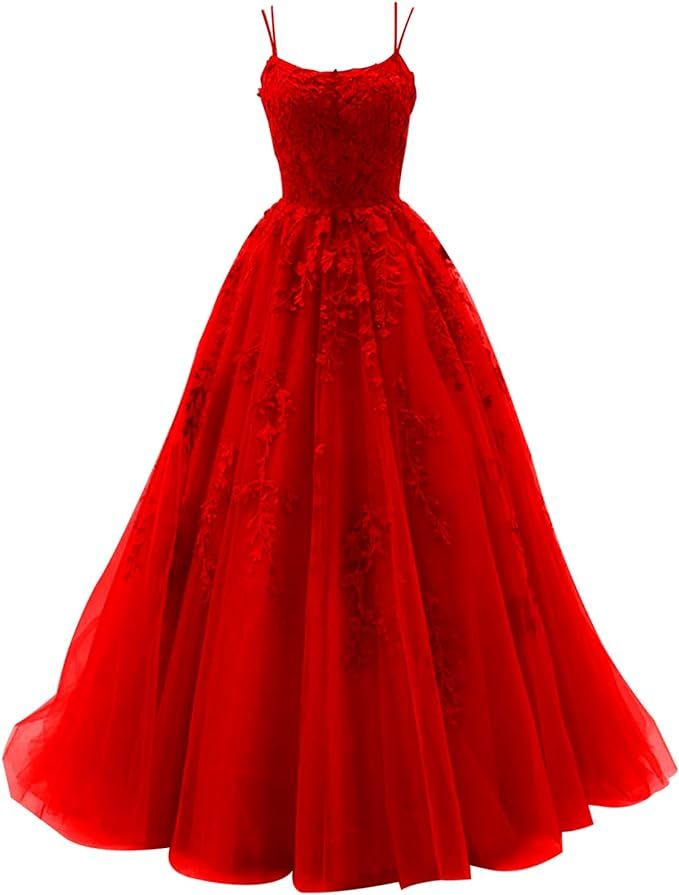 Spaghetti Strap Prom Dress Ball Gown Lace Appliques Wedding Tulle Homecoming Long Dress Princess ... | Amazon (US)