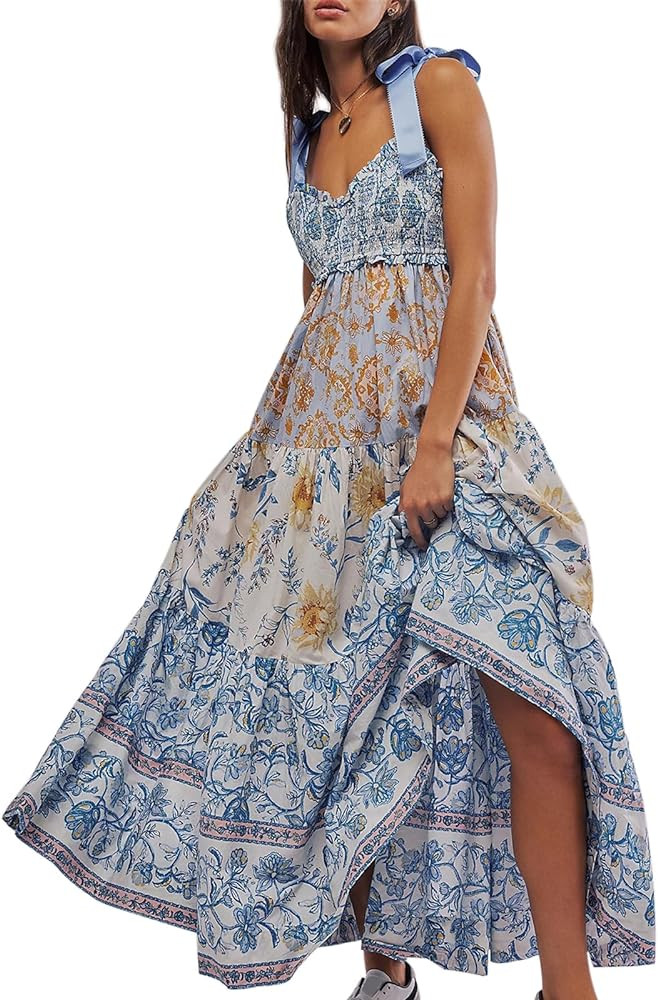 Women Summer Dresses Flowy Smocked Maxi Dress Sleeveless Tie Shoulder Boho Dresses Y2K Floral Bea... | Amazon (US)