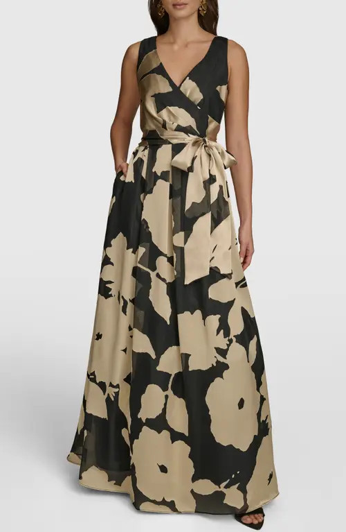 Donna Karan New York Faux Wrap Ballgown in Black/Tan at Nordstrom, Size 12 | Nordstrom