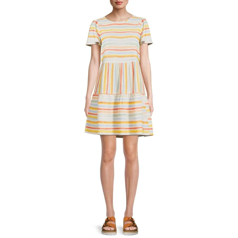 Time and Tru Women's Short Sleeve Printed Woven Mini Dress - Walmart.com | Walmart (US)
