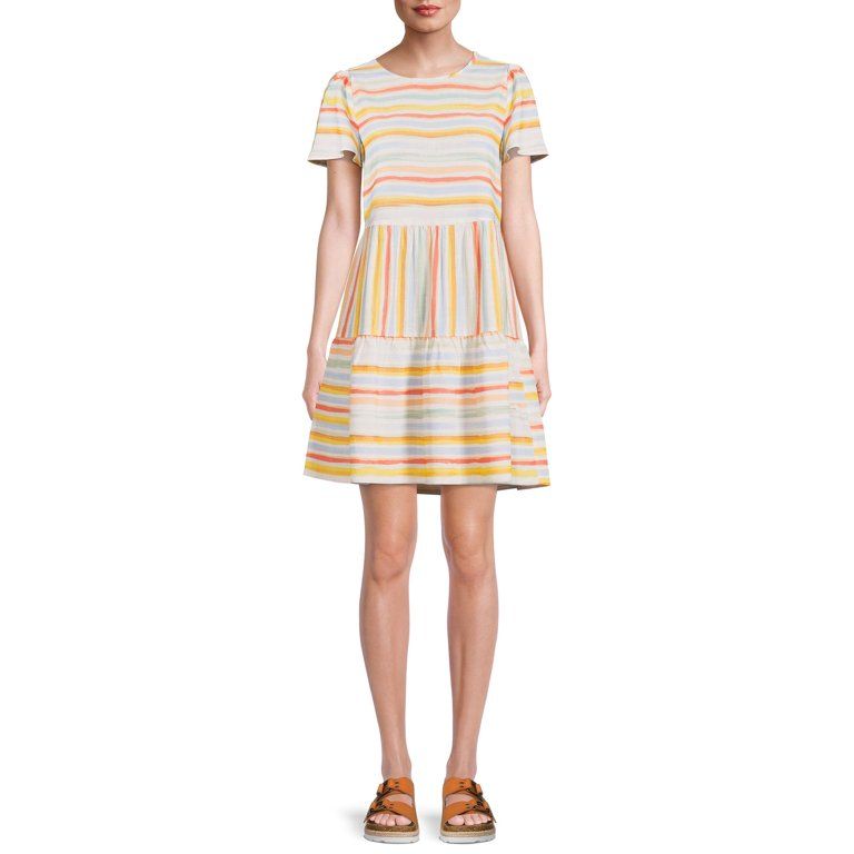 Time and Tru Short Sleeve Printed Woven Mini Dress for Women | Walmart (US)