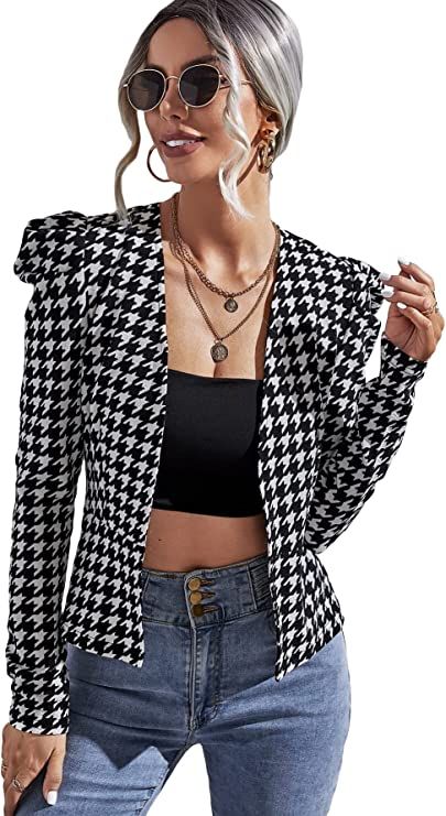 WDIRARA Women's Casual Open Front Houndstooth Print Long Sleeve Blazer Jacket Coats and White L a... | Amazon (US)