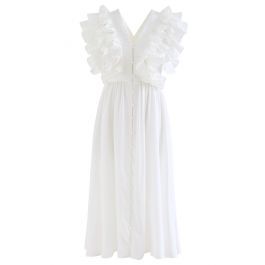 Pleated Ruffle Buttoned Deep V-Neck Dress in White | Chicwish