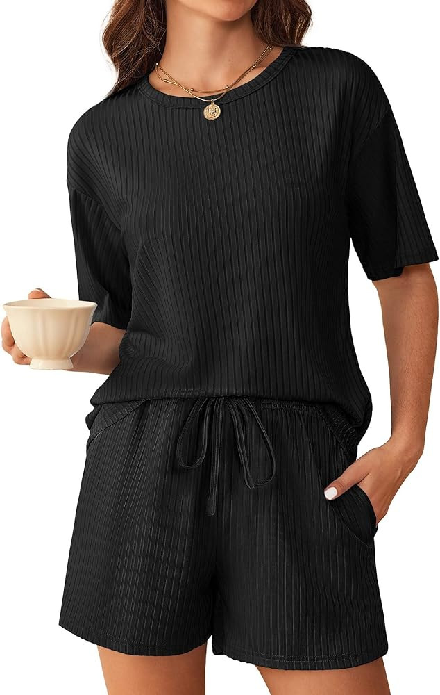 Ekouaer Ribbed Knit Lounge Set Women Pajama Set Short Sleeve Top and Shorts Set Two Piece Shorts ... | Amazon (US)