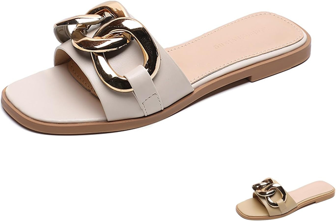 Women's Metal Chain Flat Slide Sandals Fashion Square Open Toe Single Band Slippers for Summer | Amazon (US)