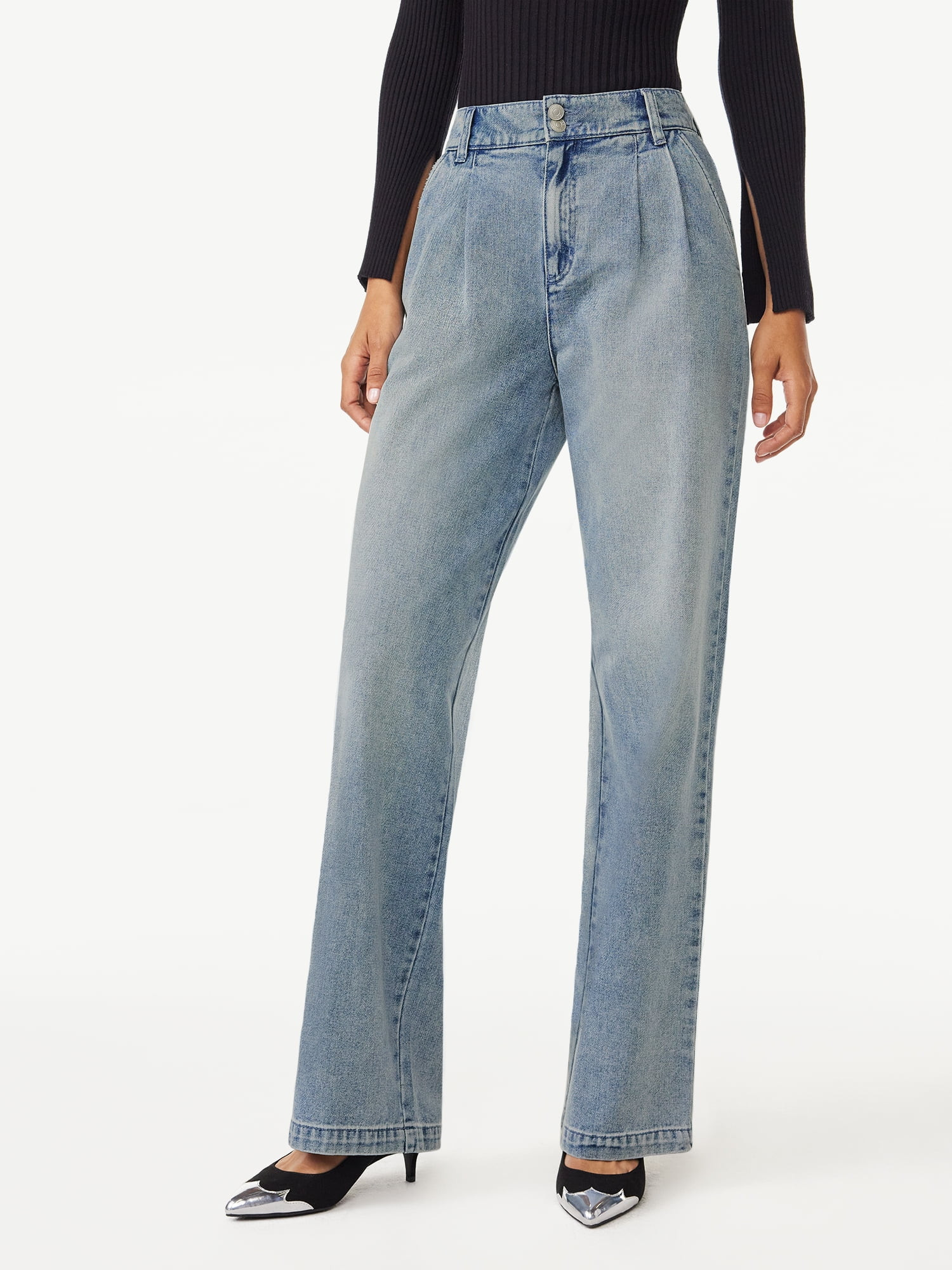 Scoop Women's Wide Leg High Rise Pleated Jeans, Sizes 0-18 | Walmart (US)