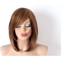 Toffee Brown Wig With Ash Blonde Highlights 16"" Straight Side Bangs | Etsy (US)