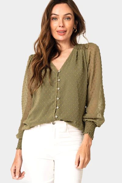 Pin Dot Smocked Detail V-Neck Blouse | Gibson