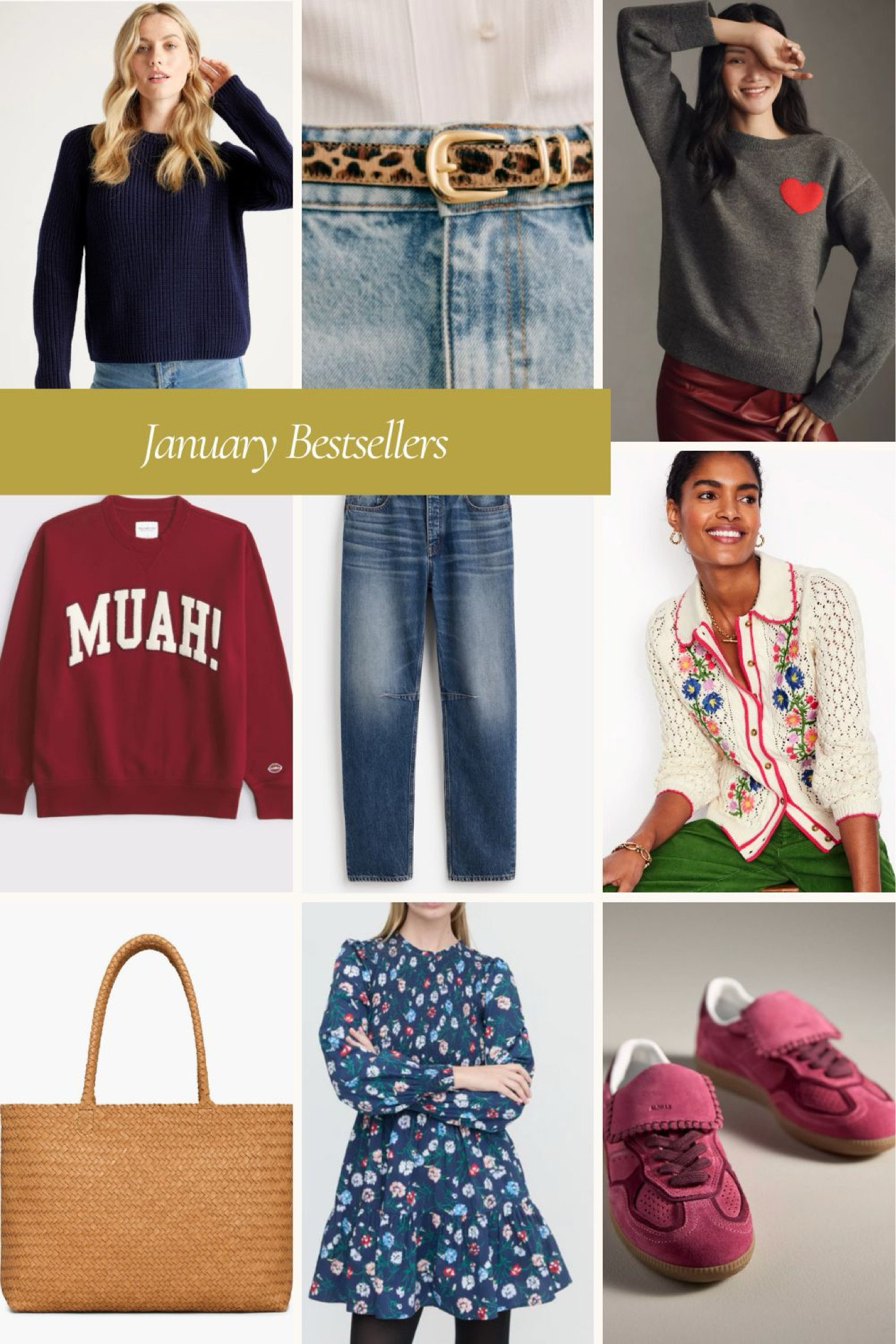 January bestsellers - madewell woven tote bag (all colors stocked at Nordstrom right now!) quince fisherman sweater, Biden embroidered sweater, Sezane leopard belt, Anthropologie heart sweater, madewell darted jeans (also available in petite, room to size down, mid rise), Abercrombie sweatshirt, hill house pre-spring long sleeve dress, trending aloha sneakers
❤️ Claire 

#LTKStyleTip #LTKOver40 #LTKPetite