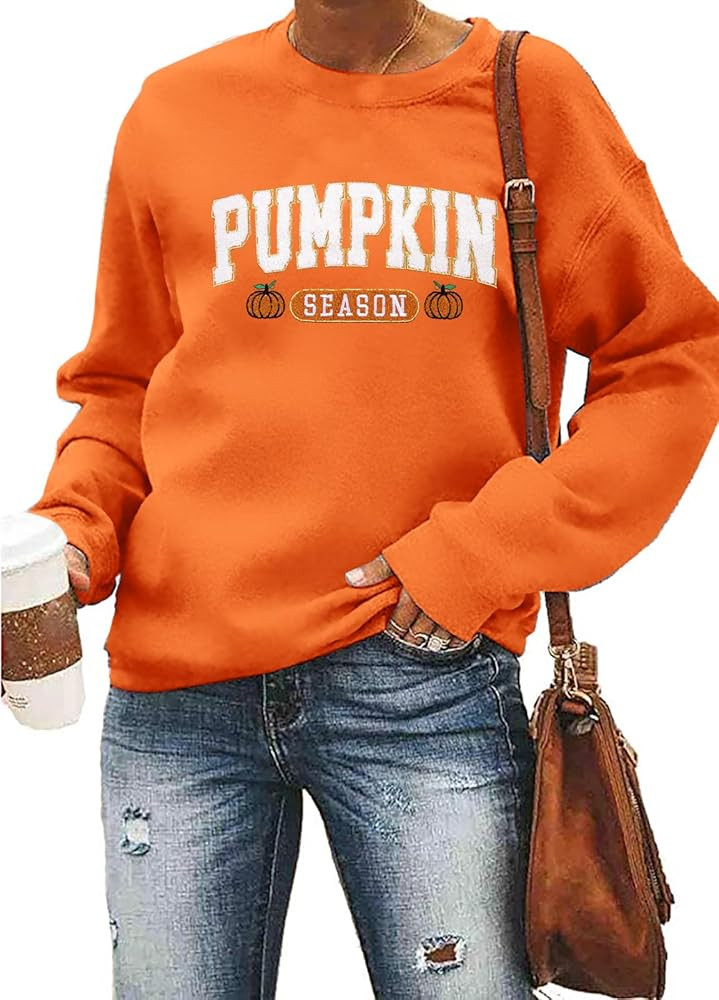 MYHALF Pumpkin Season Sweatshirt Fall Shirt: Women Atumn Crewneck Tops Thanksgiving Halloween Emb... | Amazon (US)