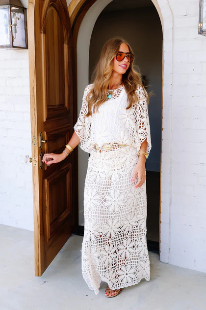 Simply Charming Cream Crochet Short Sleeve Midi Skirt Set | The Willow Tree