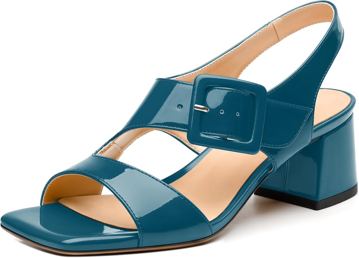Womens Heeled Sandals Shoes, Square Peep Toe Mid Block Heel Ankle Strap Sandals for Women, Leathe... | Amazon (US)