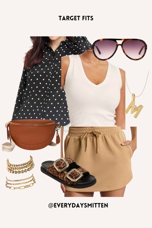 fleece skirt skort polka dot button down leopard sandals crossbody bagg