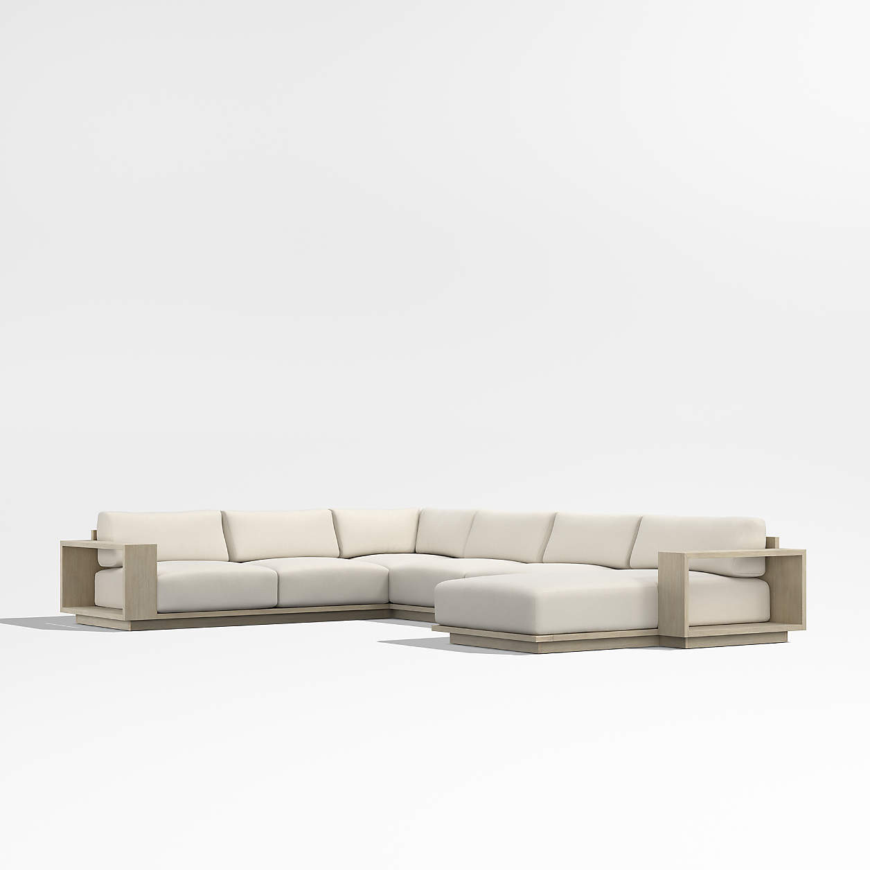 Mallorca Wood 4-Piece Right-Arm Chaise U-Shaped Outdoor Sectional Sofa with Ivory Cushions + Revi... | Crate & Barrel