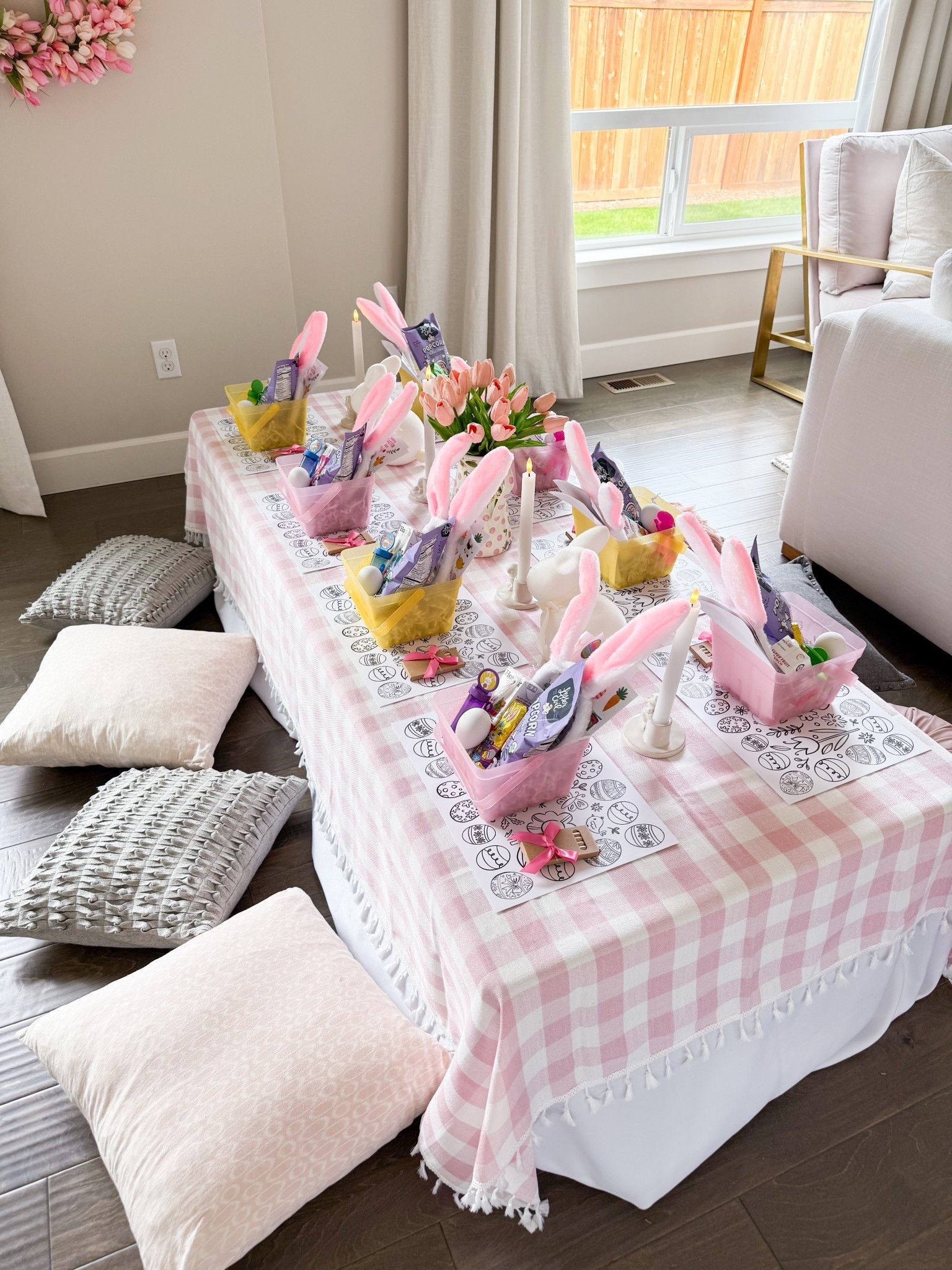 Easter Egg Hunt Party Set Up! 

Fillable Easter eggs, artificial tulips, colored pencils, bunny stickers and headbands, pink checkered tablecloth, Easter baskets, bunny decor, foldable table, candles, chocolate bunnies, fruit punch, storage box, popcorn 

#LTKHome #LTKKids #LTKSeasonal