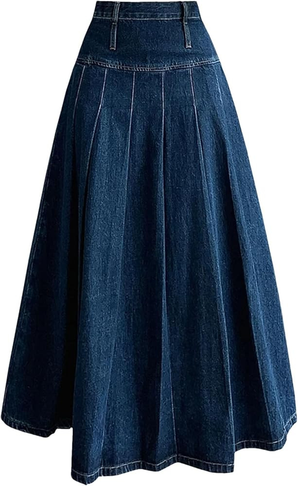 Women's Vintage Pleated Denim Skirts High Waist Casual A-Line Jeans Skirts | Amazon (US)