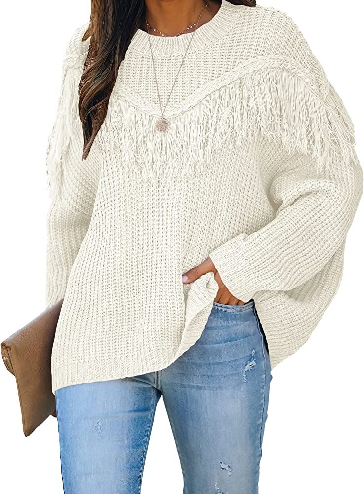 LOGENE Women's Casual Loose Tassel Decoration Round Neck Long Sleeve Cable Knit Sweaters | Amazon (US)