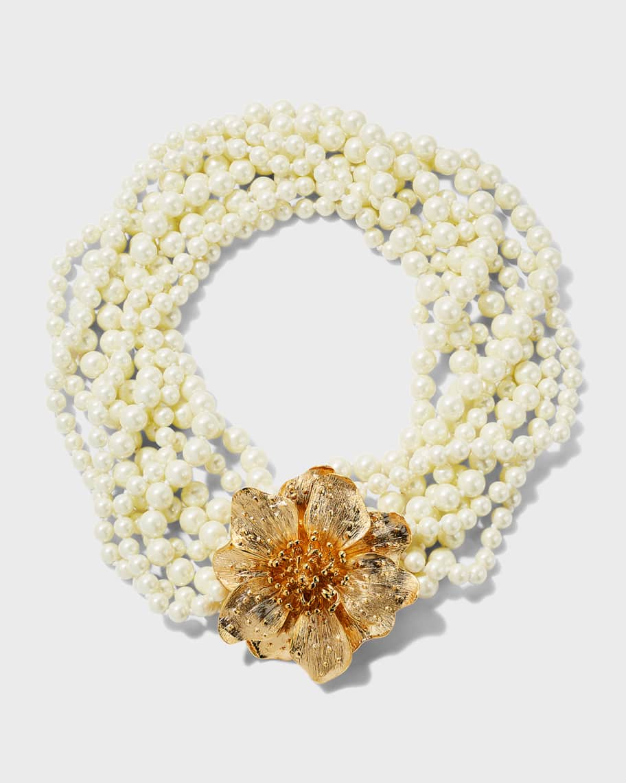 Kenneth Jay Lane Gold Magnolia-Motif Pearly Necklace | Neiman Marcus
