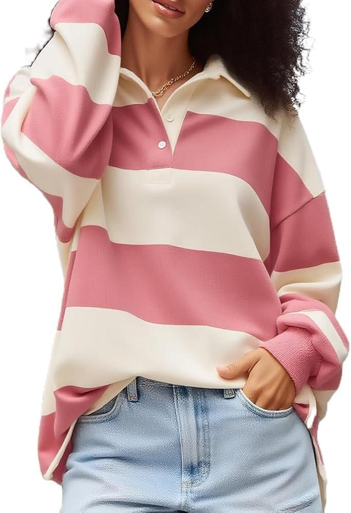 Striped Polo Tops Women Long Sleeve Oversized Graphic Shirt Y2k Loose Rugby Collared Jersey Prepp... | Amazon (US)