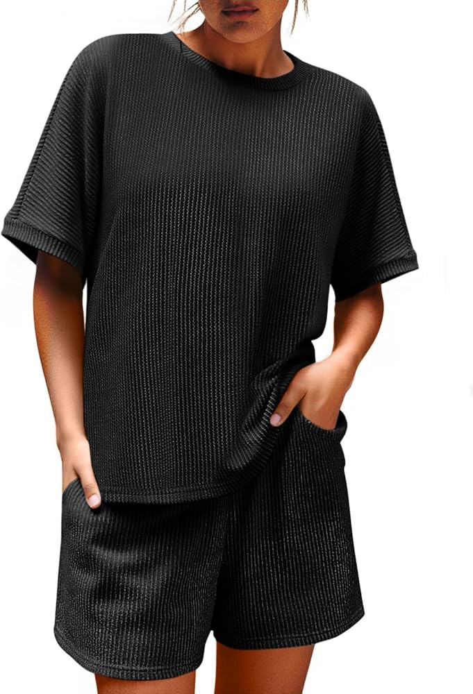 Imily Bela Womens 2 Piece Outfits 2025 Oversized Summer Short Sets Casual Beach Ribbed Short Slee... | Amazon (US)
