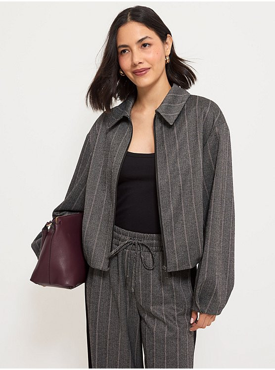 Grey Herringbone Long Sleeves Striped Bomber Jacket | George