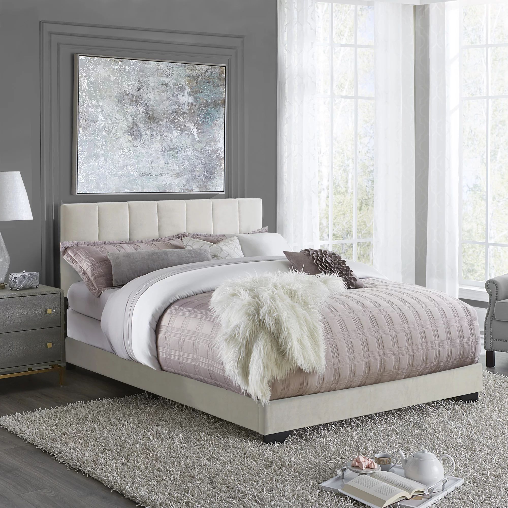 Reece Channel Stitched Upholstered Queen Bed, Ivory, by Hillsdale Living Essentials - Walmart.com | Walmart (US)