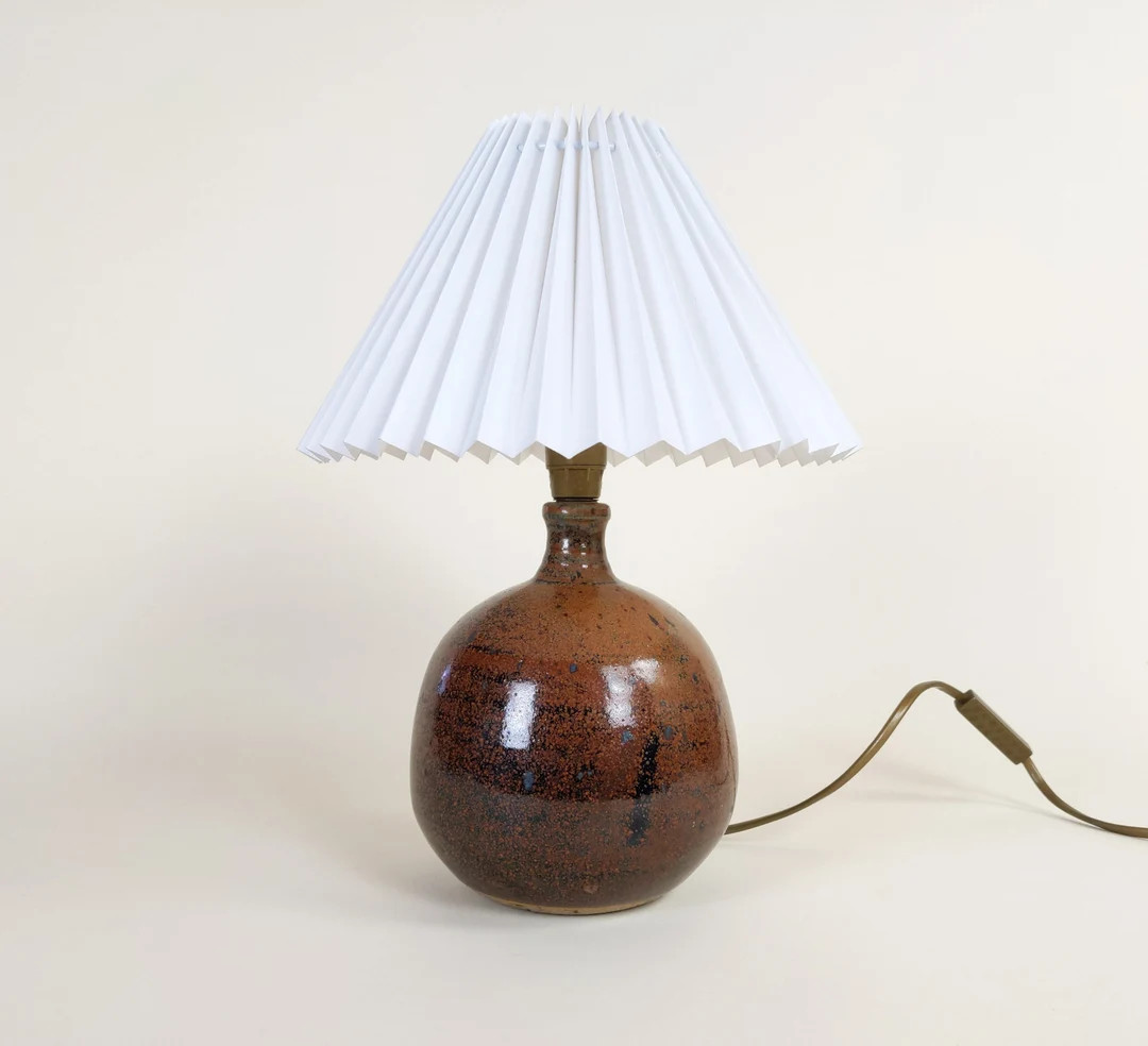 Vintage French Signed Stoneware Studio Pottery Lamp With Pleated White Lamp shade | Etsy (US)