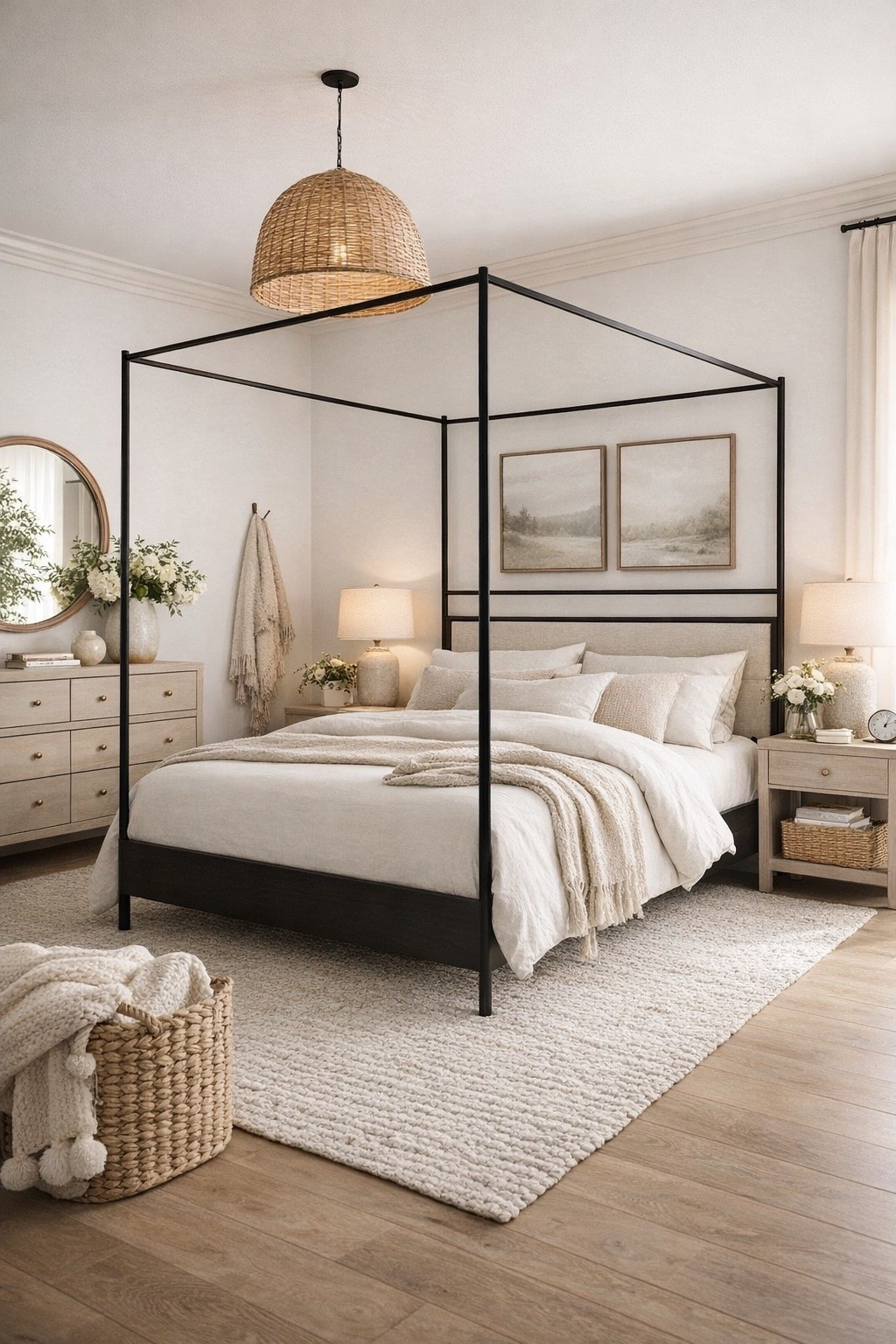 Organic modern bedroom, neutral bedroom, black canopy bed, wood nightstands, wood dresser, neutral area rug, woven light fixture, neutral artwork for bedroom 

#LTKHome
