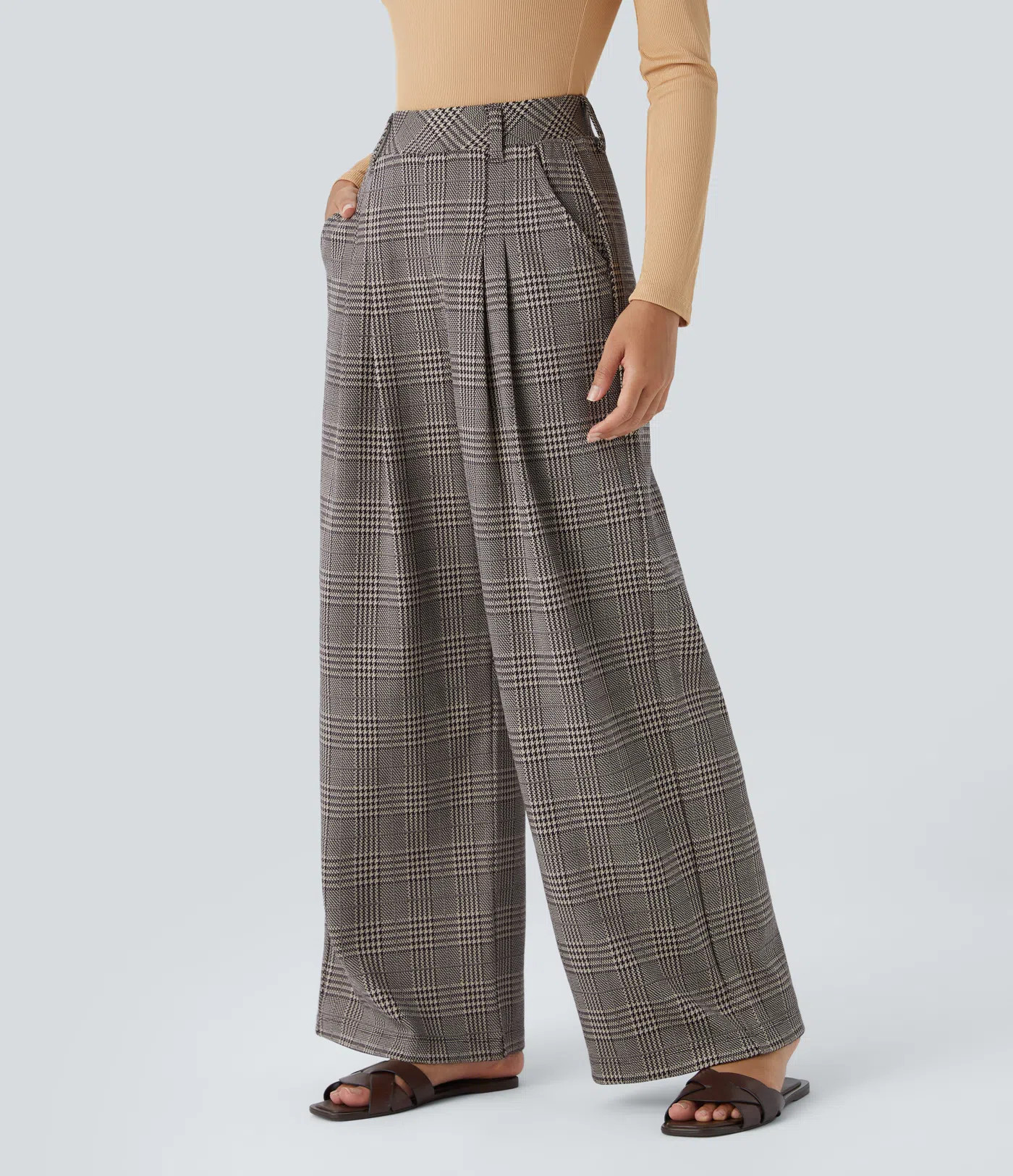Women’s High Waisted Side Pocket Wide Leg Houndstooth Plaid Casual Pants - Halara | HALARA